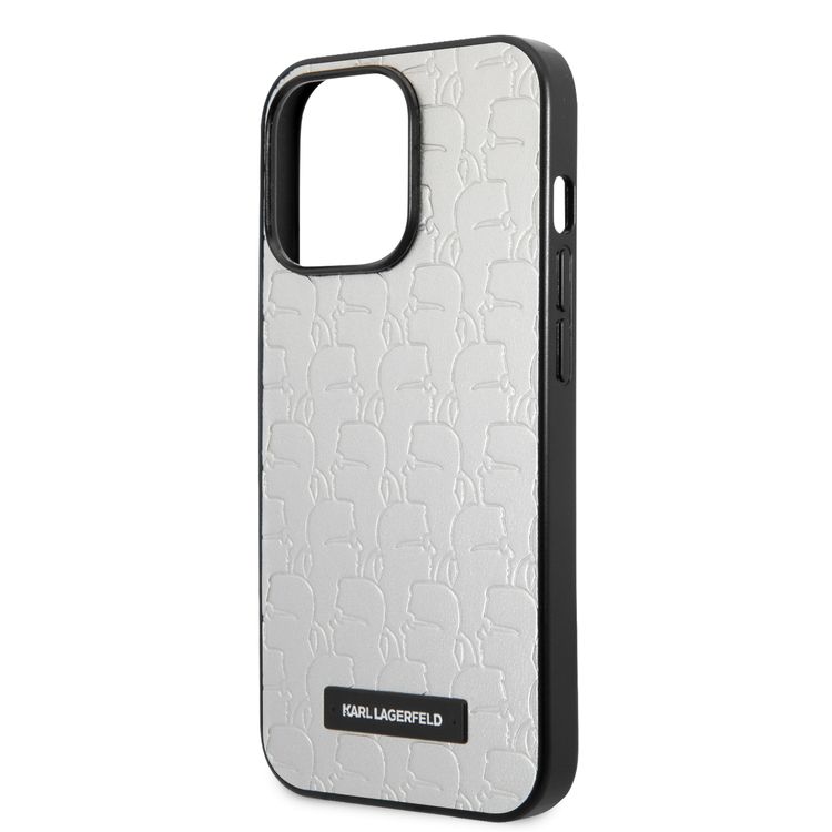 Karl Lagerfeld PU Leather Kameo Embossed Pattern with Plague Hard Case for iPhone 13 Pro - Silver
