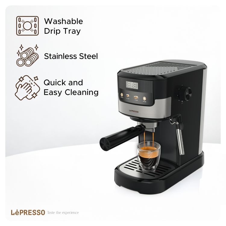 LePresso Suprema Espresso Machine, Minimal Device, Two Cups Dual, Touch Display, Nespresso Compatible, Milk Steamer, Intuitive Screen, 1.2L Water Tank Capacity, 1100W Power Rate - Black