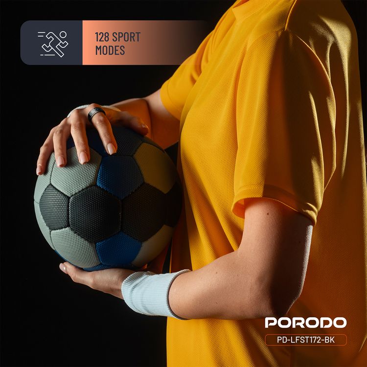 Porodo FitSync Smart Ring with Digital Display with Touch Scroll Function in Small Size 7, Up to 4 Days Active Use Time, 96KB Ram & 128KB ROM, Camera Gesture Control, Activity Tracking & 128 Sport Modes - Black