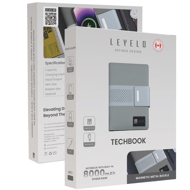 Levelo Techbook Notebook Leather Cover with 8000mAh Built-in Power Bank, Ballpoint Pen, 80pcs Paper Sheets, Loose-Leaf Binder - Gray