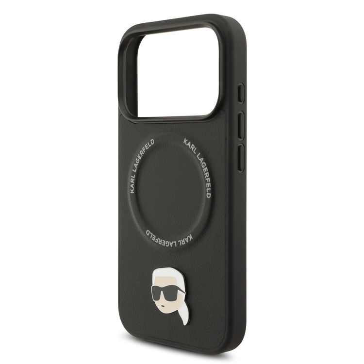 غطاء من الجلد الصناعي كارل لاغرفيلد مع دبابيس رأس كارل لهاتف آيفون 17 برو، تصميم نحيف وخفيف الوزن، قبضة مريحة، متوافق مع MagSafe، تغليف مستدام، سهل التركيب، حماية من السقوط - لون أسود