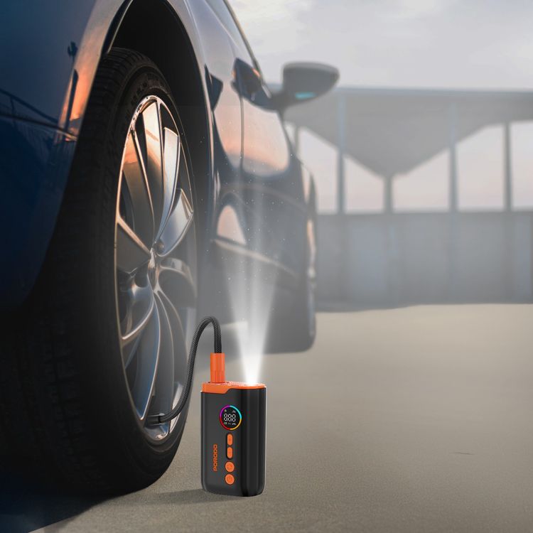 Porodo Electric Air Inflator with 150PSI High-Pressure Power, 4 Inflation Mode, 30cm Cable Length, USB-C Charging Cable, Up to 5 Hours Charging Time, Detects Air Pressure - Black