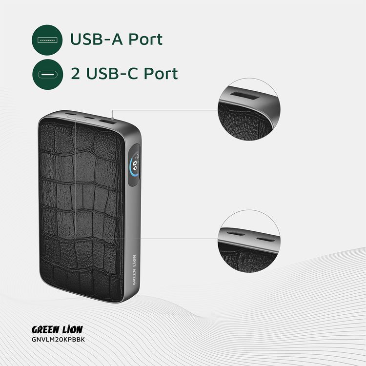 باور بانك جرين ليون VALMONT بسعة 20000 مللي أمبير بالساعة مع جلد PU فاخر، شحن سريع 100 واط PD، معتمد للسفر، شاشة TFT، مخرج USB-A QC18W - لون أسود