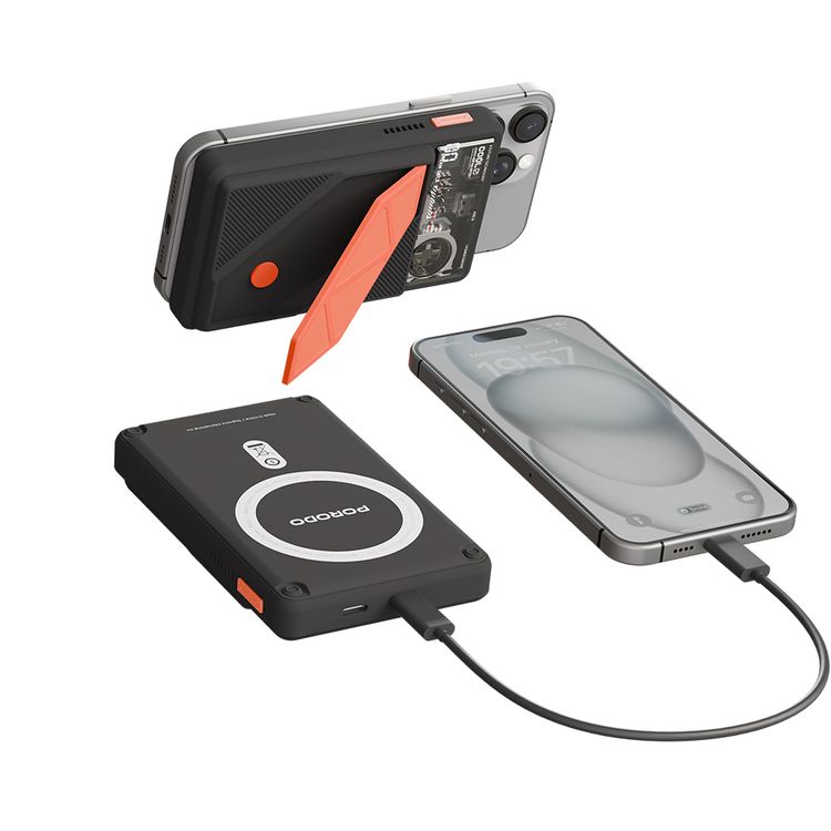 Porodo 10000mAh MagSafe Power Bank with Smart Thermal Cooling, 20W PD USB-C Output, 15W Wireless Charging Output, 10W Lightning Input, Built-in Stand, RGB Dynamic Lights - Black