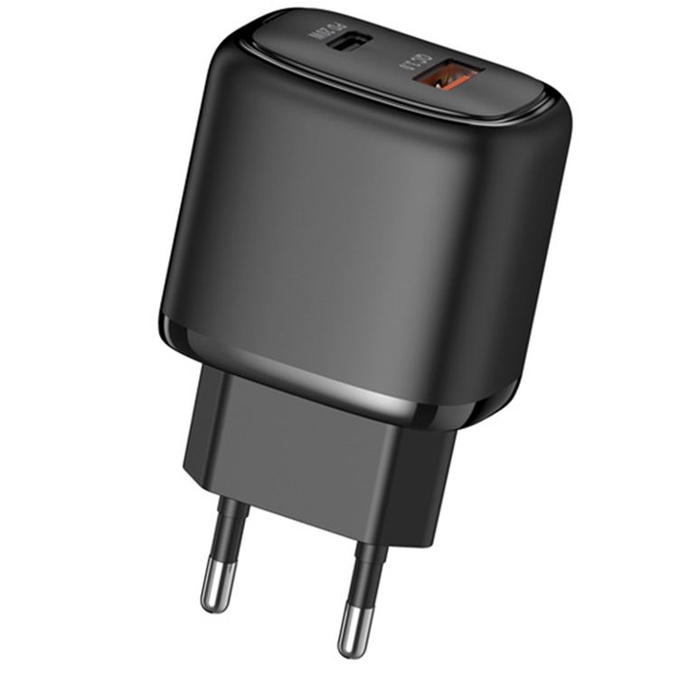 Porodo Dual Output Quick Charger with 20W Power Delivery, QC 18W, EU 2-Pin Plug, Simultaneous Charging, Overheat Protection, 18W USB-A QC Output, Reliable Companion - Black