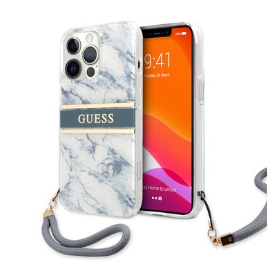 CG MOBILE Guess PC/TPU Case Marble Design & Stripe with Anti-Lost Nylon Strap Compatible for iPhone 13 Pro Max (6.7") Suitable with Wireless Chargers Officially Licensed Blue