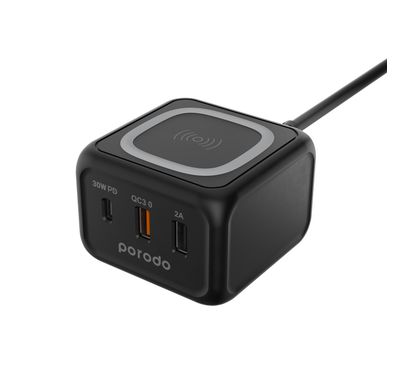 Porodo Triple Ports Fast Wireless Charger with 30W Power Delivery, Desktop Charging Compatibility, 15W Wireless Charging, Overcurrent Protection, Fire Retardant Materials - Black
