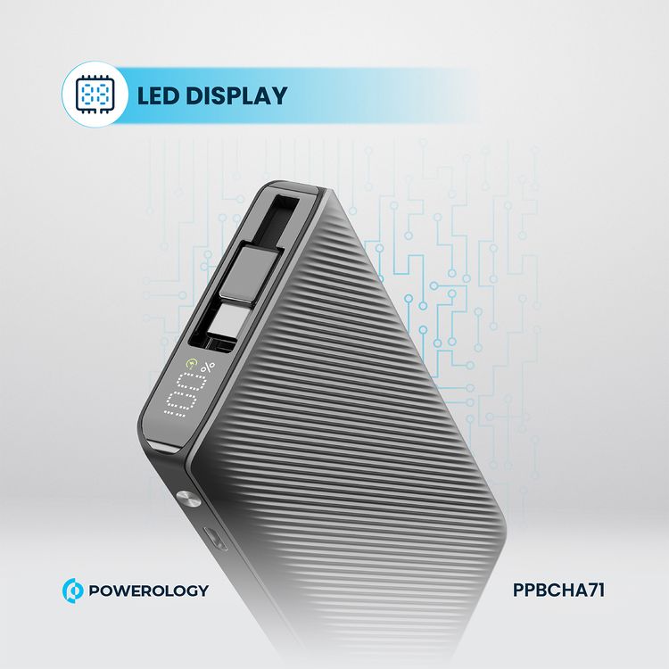 Powerology 10000mAh Retractable Cable Power Bank with LED Display, Lightweight & Portable Design, Fast-Charging, USB-C Input & Output, 2-Device Charging, Patented Design, 22W Power Delivery - Black