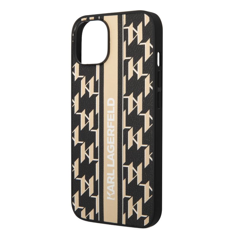 Karl Lagerfeld Grained PU Leather Case with Monogram Pattern & Vertical Logo Compatble iPhone 14 Compatibility - Brown