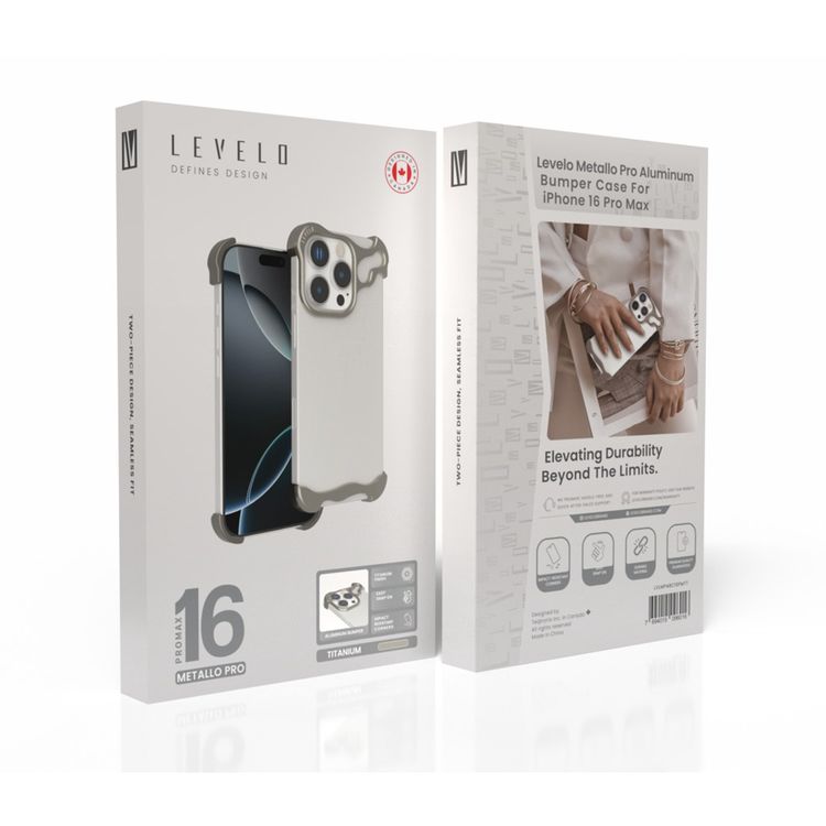 Levelo Metallo Pro Aluminum Bumper Case for iPhone 16 Pro Max with Impact-Resistant Corners, Durable Material, Easy Snap-on, Comfortable & Secure Grip - Titanium
