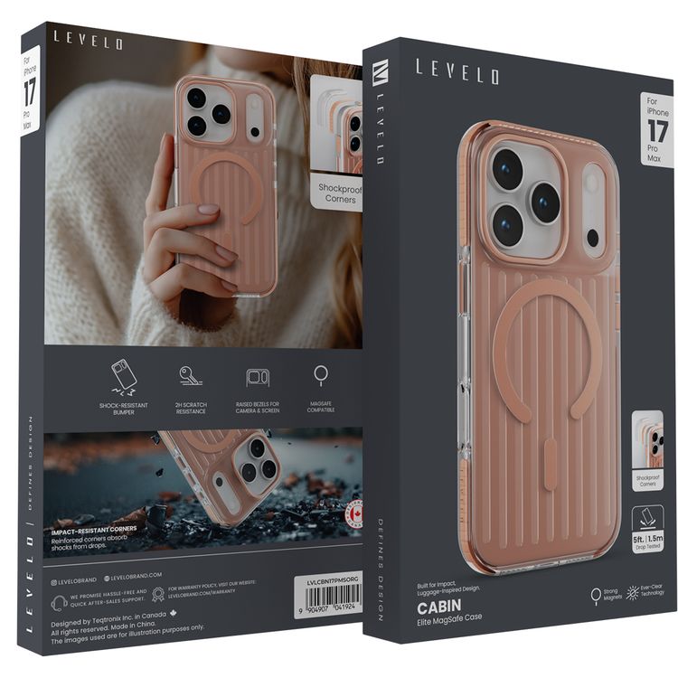 غطاء ليفيلو كابين إيليت ماج سيف لهاتف آيفون 17 برو ماكس، زوايا مقاومة للصدمات، حواف مرفوعة للكاميرا والشاشة، مقاوم للخدش بدرجة 2H، مغناطيسات قوية، تقنية الوضوح الدائم، واقي ممتص للصدمات، مختبر للتحمل ضد السقوط - لون برتقالي شروق الشمس.
