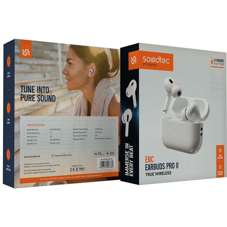 Porodo Soundtec ENC Earbuds Pro II True Wireless with 4 Hours Working Time, Wireless Charging Compatibility, 10m Transmission Distance, 30 Hours Earbuds Standby Time - White