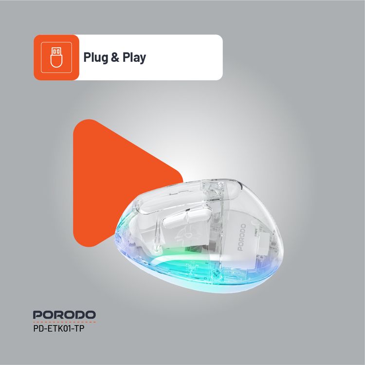Porodo Vertical 4800 DPI Wireless Mouse with Crystal Shell, Magnetic Cover, Adjustable DPI, Dual Mode, Plug & Play, Type-C Charging Interface - White