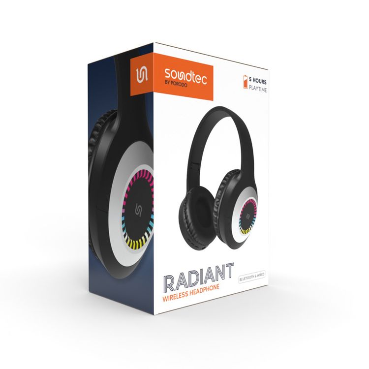 Porodo Soundtec Radiant Wireless Headphones with 6 Hours Playtime, Type-C Charging, Convenient Controls,  3.5mm Jack, LED Light, 120 Hours Standby Time, Android and iOS Compatibility - Black