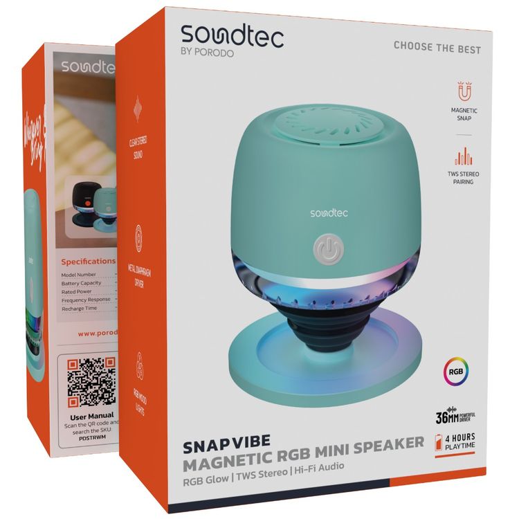Porodo Snap Vibe مكبر صوت مغناطيسي RGB صغير، حتى 4 ساعات من وقت التشغيل، محرك غشاء معدني، إصدار بلوتوث 5.4، منفذ شحن USB-C، بطارية 500 مللي أمبير، مادة ABS، نطاق نقل 10 أمتار - أخضر