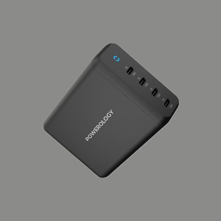Powerology 165W GaN Desktop Charger with 4X PD Port UK AC Cable PD 100W - Black