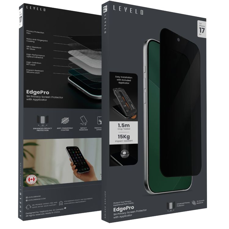 Levelo EdgePro 9H Screen Protector with Applicator for iPhone 17 Air, Oleophobic Coating, Ultra-Resistant 9H Glass, Nano Anti-Fingerprint Coating, Drop Protection - Black