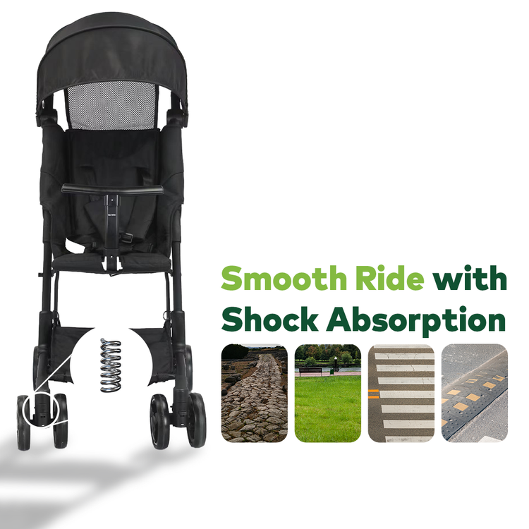 عربة أطفال ليا من جرين ليون، عجلات دوارة 360 درجة وعجلات قفل، مظلة شمسية قابلة للتعديل، ممتصة للصدمات، تصميم قابل للطي، فرامل مزدوجة، سعة تحميل تصل إلى 100 كجم - أسود