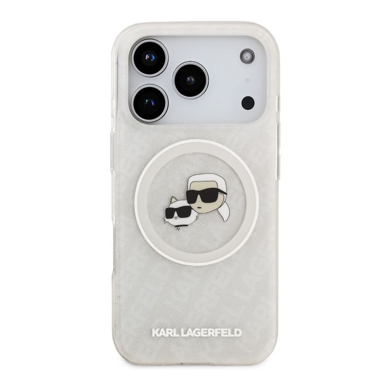 Karl Lagerfeld MagSafe IML Glitter & KL Repeated Case with Karl & Choupette for iPhone 17 Pro, Slim Profile, Drop Protection, Easy Snap-On, Sustainable Packaging, Comfortable Grip, Lightweight Design - White