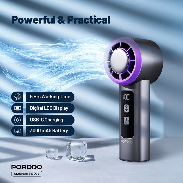 Porodo Frostwave Portable Cooling Fan with 5 Adjustable Speed Levels, 3000mAh Battery Capacity, 5 Hours Fan Working Time, 3 Hours Cooler Working Time, DC Brushless Motor, USB-C Charging Interface, Cold Breeze Function, Compact & Portable - Gray