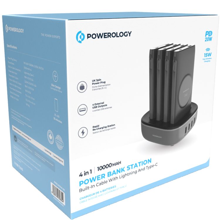Powerology 4-in-1 10000mAh Power Bank Station with Built-in Lightning/Type-C Cable, 20W Power Delivery, 15W Maximum Wireless Output, UK 3-Pin Power Plug - Black