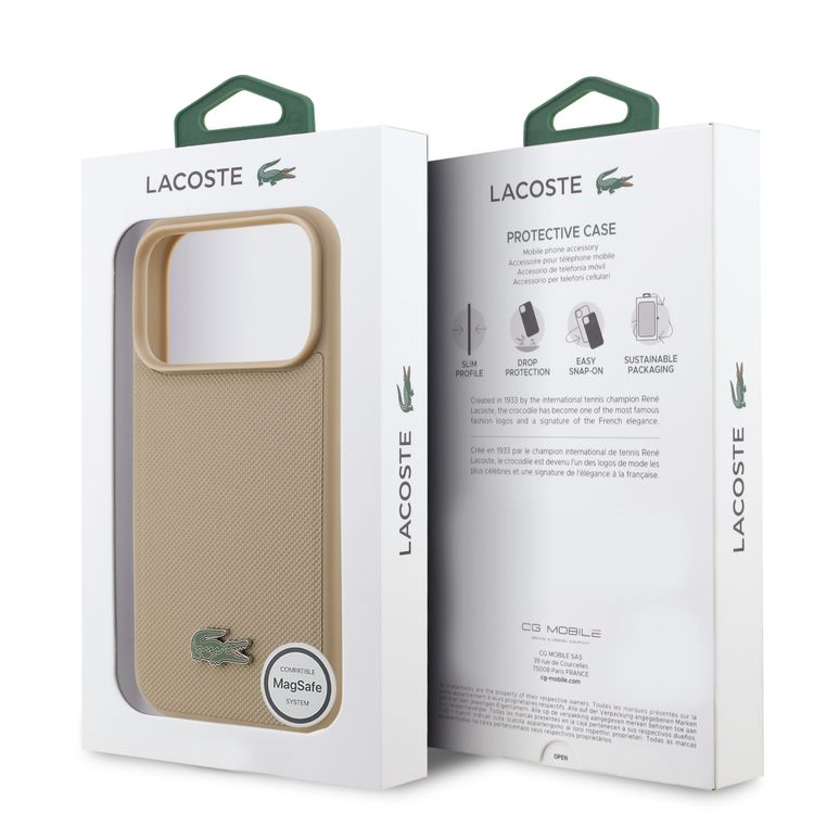 Lacoste MagSafe PU Leather Hard Case with Iconic Petit Pique Logo for iPhone 17 Pro, Drop Protection, Slim Profile, Easy Snap-On Design, Sustainable Packaging - Taupe