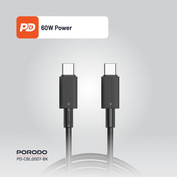 كابل بورودو من النوع C إلى C PVC بطول 3 متر، سرعة نقل 480 ميجابت في الثانية، PD 60 وات، عمر افتراضي يزيد عن 15000 ثنية، خالٍ من التشابك - أسود