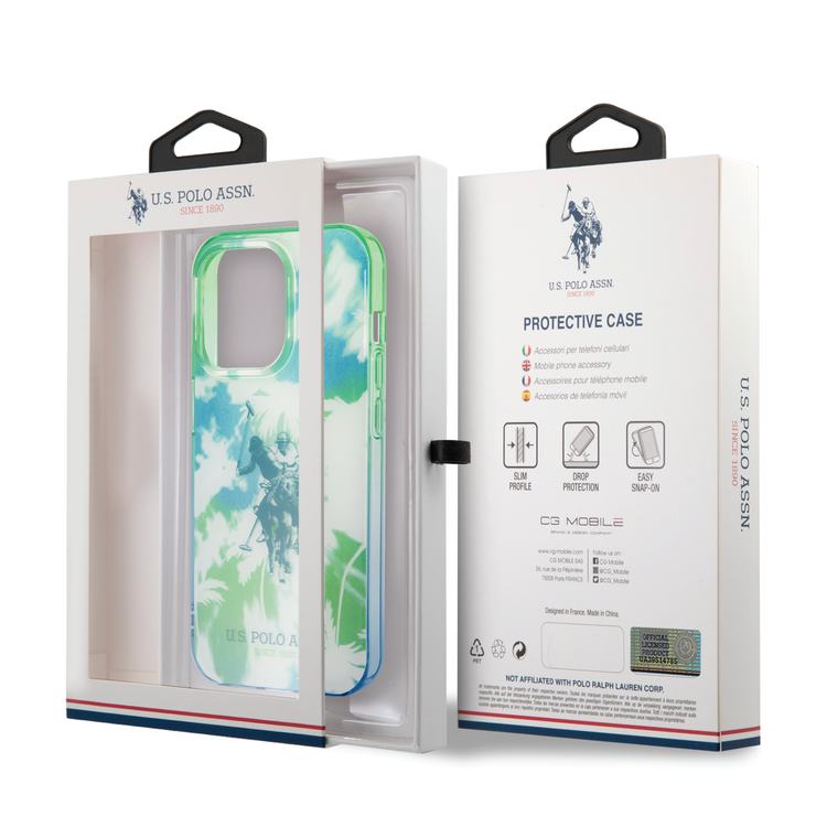 كفرUSPA PC/TPU IML مع تصميم النخيل المصبوغة وشعار الحصان لهاتف iPhone 14 Pro Max - أخضر