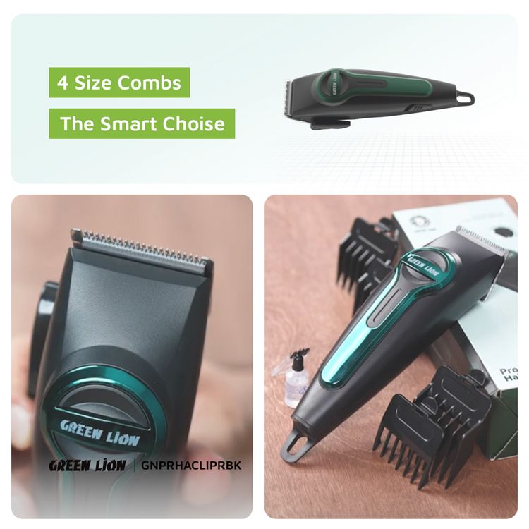 Green Lion Professional Hair Clipper with 4 Size Combs, Stainless Steel Material, 120 Minutes Working Time, 2.5 Hours Charging Time, 1200mAh Lithium Battery, Type-C Charging Port, LED Indicator - Black