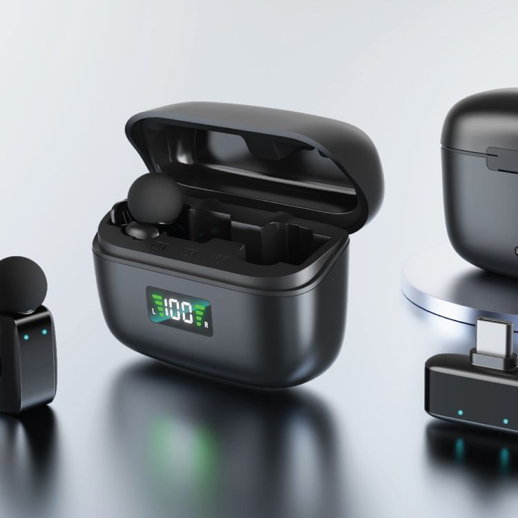 Green Lion Flex Mic Duo Microphones with Type-C & Lightning Connector 2-in-1, Digital Display, Up to 5 Hours Battery Life, Voice Changer Function, Wireless Transmission, ANC Technology, Plug & Play, 20m Transmission Distance - Black