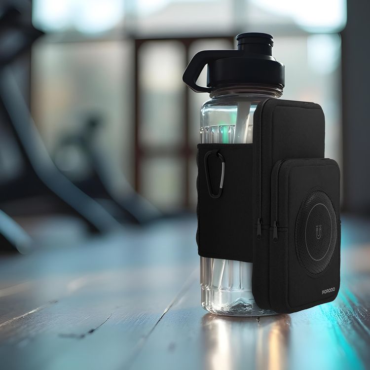 Porodo Lifestyle Magnetic Water Bottle Bag for Standard Water Bottles, Durable Neoprene Material, Magnetic Phone Holder, 3mm Magnet Thickness, Compact & Portable - Black