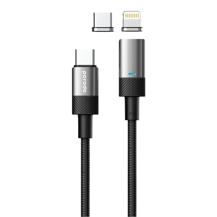 Porodo Fast Charging Cable with PD100W USB-C to USB-C and Lightning Magnetic Head Connectors, 1.2M - Black