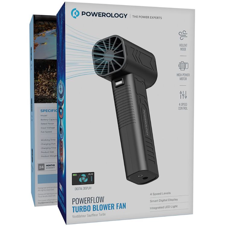 Powerology Powerflow Turbo Blower Fan with 4-Speed Control, Up to 180 Minutes Working Time, 1000W Rated Power, Up to 55000RPM Fan Speed, Multi-Scenario Usage, Digital Display, Built-in LED Light, DC Charging Port - Black
