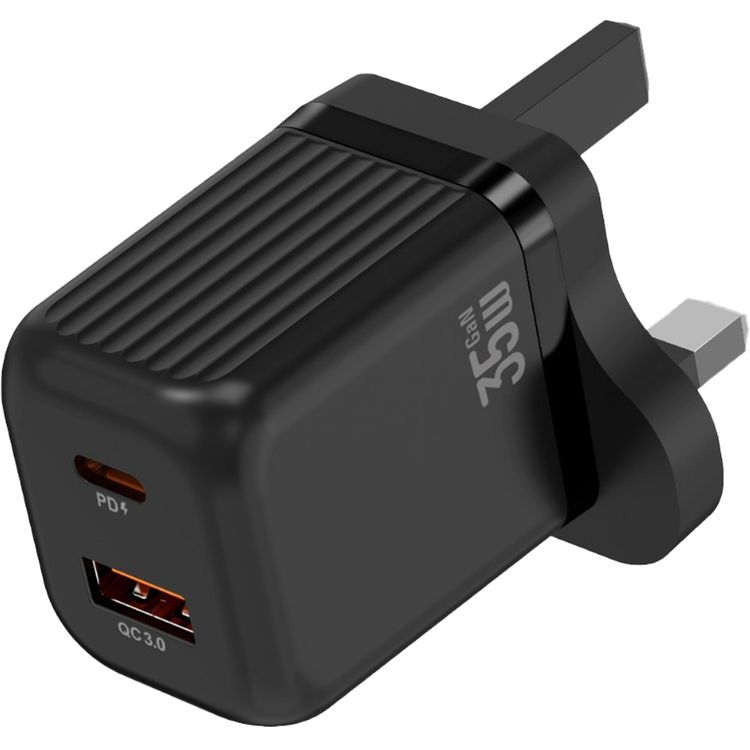 Green Lion Ultra Compact Gan Wall  Charger with PD 35W, USB-A & USB-C Ports, 3-Pin UK Power Plug, PC Flame Retardant Material, Charging Protection, GaNStorm Technology - Black
