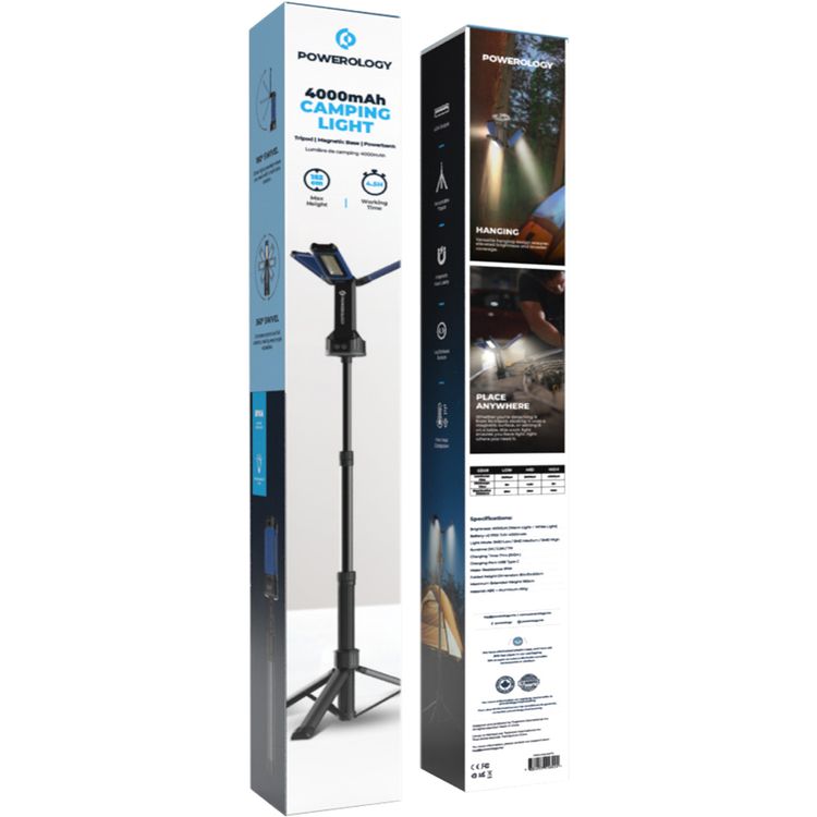 Powerology 4000mAh Camping Light with Tripod, Power Bank, Magnetic Base, ABS & Aluminum Alloy Material, 182cm Max Height, 7 Hours Run Time, 4000 Lumens Brightness, IPX4 Water Resistance, Super Bright LED, USB Output, Type-C Charging Port, 360° Rotation - Black