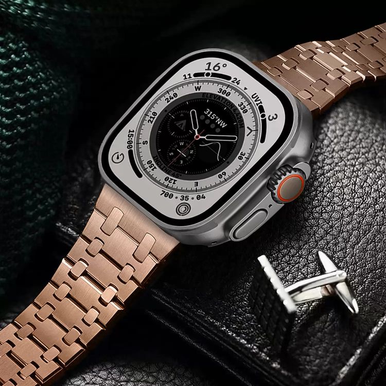 Levelo Royal Link Stainless Steel Watch Strap with Adjustment Tool for Apple Watch 49/45mm, Compatible with SE, Series 8, 7, 6, 5 & 4, Hypoallergenic Material - Rose Gold
