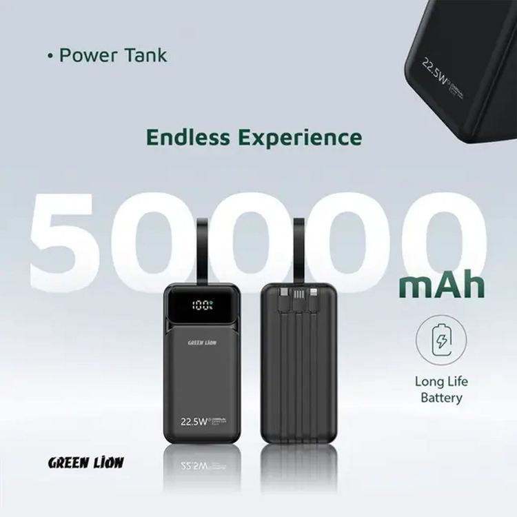 Green Lion Power Tank 50000mAh Power Bank with Built-in Cables, 22.5W Power Delivery, Fast Charging Support, LED Display, Long Battery Life, Portable - Black