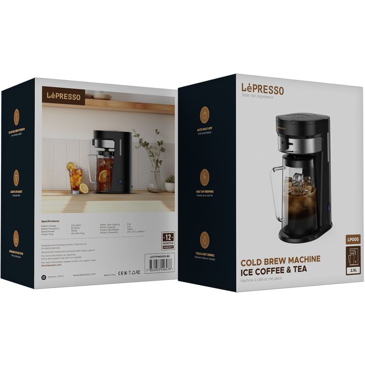 LePresso Cold Brew Machine for Iced Coffee & Tea Preparation, 2.5L Pitcher Capacity, Adjustable Brew Strength, 900mL Water Tank Capacity, Auto Shut-Off, One-Tap Brewing - Black
