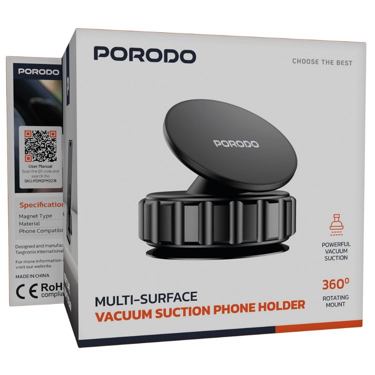 Porodo Multi-Surface Vacuum Suction Phone Holder with Adjustable Viewing Angle & 360° Rotation, Compatible with 4.7"-6.9" Phones, ABS & TPU Material, Double-Layer N52 Magnets - Black