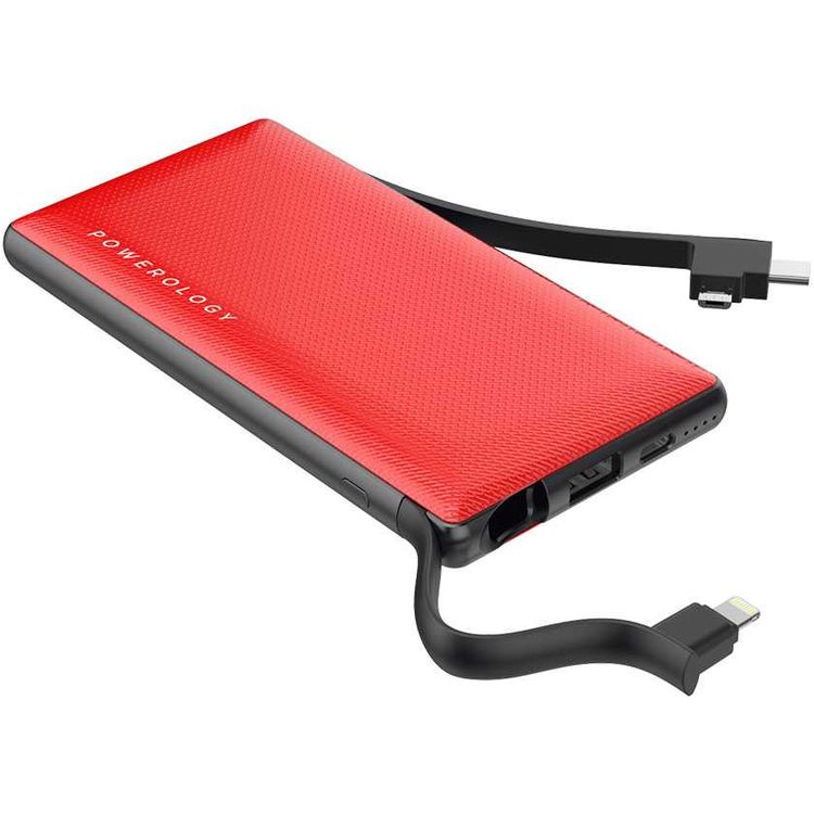 Powerology 6 in 1 Power Bank Station 10000mAh With Built-in Cable, Portable Power Bank, 1 Rapid Recharging Station, Type C Charging Ports - Red 