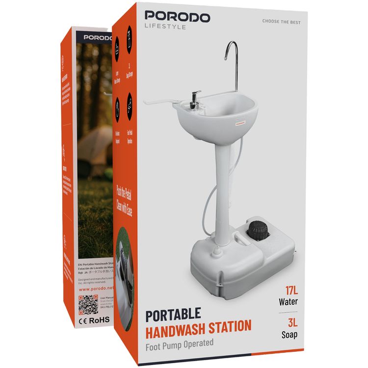 محطة غسيل اليدين المحمولة من بورودو لايف ستايل، توزع 220 مل من الماء لكل مضخة، سعة 17 لترًا من الماء و3 لترًا من الصابون، تعمل بمضخة القدم، نظام ضخ فعال