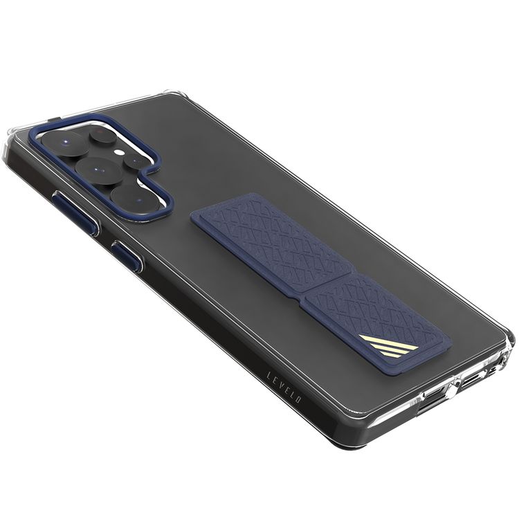 غلاف Levelo Morphix Clara بمقبض جلد مدمج لهاتف Samsung Galaxy S25 Ultra، مصنوع من مادة TPU، زوايا مقاومة للصدمات، حلقة كاميرا معدنية، مادة هجينة - أزرق