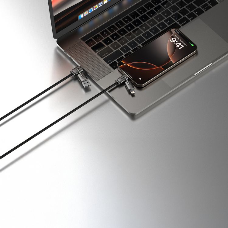 Porodo 4-in-1 Charging & Data Transfer Cable, 12W USB-A to Lightning, 15W USB-A to USB-C, 240W USB-C to USB-C, 27W USB-C to Lightning Output, Tangle-Free Design, Fast Charge - Black