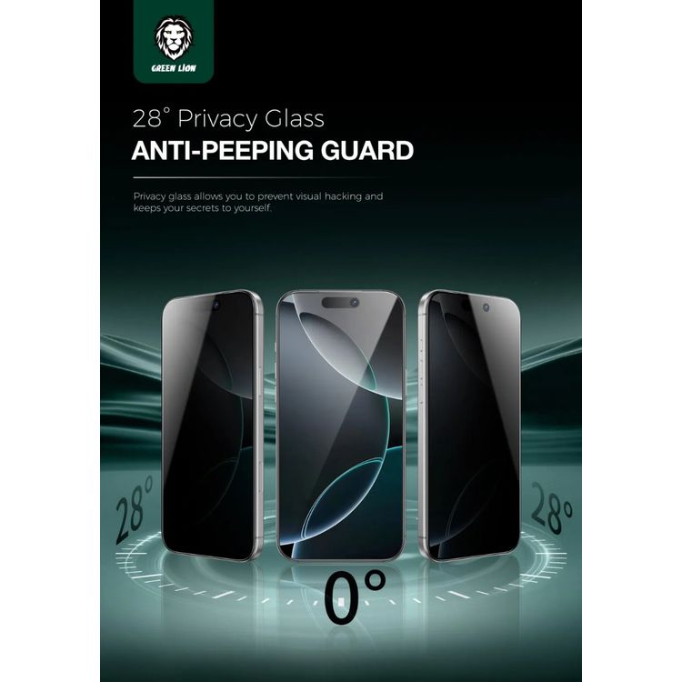 جرين ليون 9H ستيف لحماية الخصوصية لجهاز iPhone 17 Pro، زجاج مضاد للتطفل، صلابة 9H، شفاف كريستالي، عالي الحساسية، حماية الخصوصية، مضاد للبصمات، مقاوم للخدوش، طلاء أوليوفوبي، نحيف للغاية - أسود