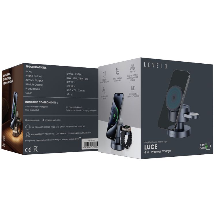 Levelo Luce 4-in-1 Wireless Charger with Bedside Lamp Design, Strong Magnet Force, 90° Foldable Angle, Simultaneous Charging, Built-in Hidden iWatch Charger Dongle - Gray