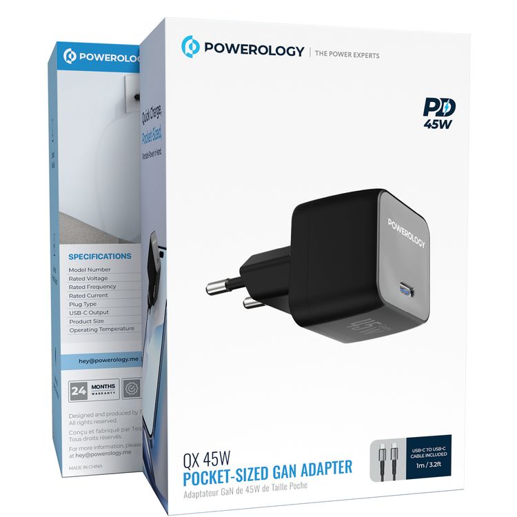 Powerology QX 45W Pocket-Sized GaN Adapter with Safety Protections, 1m USB-C to USB-C Cable Included, USB-C Port, Ultra-Compact Design, EU 2-Pin Plug, PD 45W - Black / Gray
