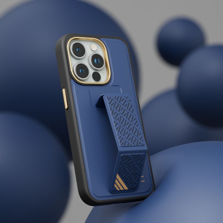 جراب Levelo Morphix Cuero Gripstand لهاتف iPhone 15 Pro، أوضاع متعددة، جلد PU، حواف مقاومة للصدمات - أزرق