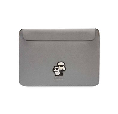 Karl Lagerfeld  Saffiano Laptop Sleeve for Computer 13" / 14" with Karl & Choupette NFT Logo, Genuine Leather Material, Water-Resistant, Magnetic Lock - Silver