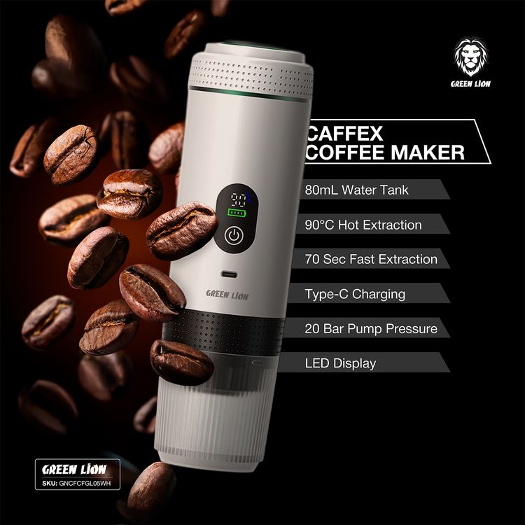 صانع القهوة جرين ليون CAFFEX بقدرة 72 واط، خزان ماء بسعة 80 مل، استخلاص ساخن بدرجة حرارة 90°C، استخلاص سريع في 70 ثانية، شحن من نوع Type-C، سعة بطارية 7500 مللي أمبير - اللون أبيض