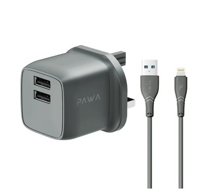 PAWA PocketMini Dual USB Travel Charger UK Standard USB-A to Lightning Cable - Gray